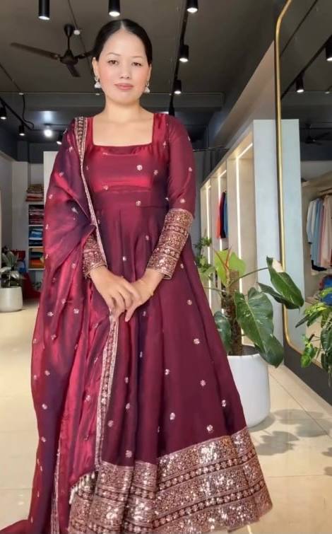Maroon Fendy Silk Party Wear Salwar Suit with Sequence Work