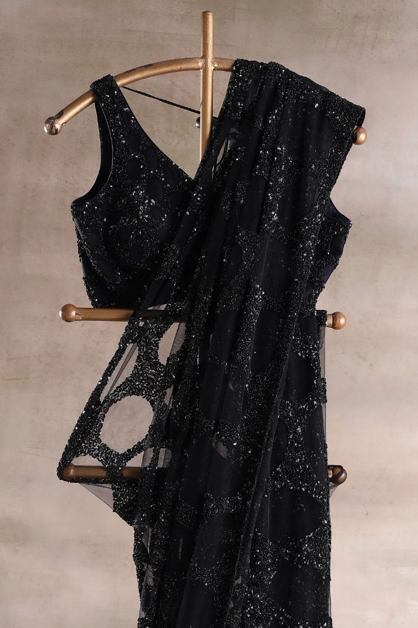 Bollywood Sequence Embroidery Butterfly Net Saree for Party Wear