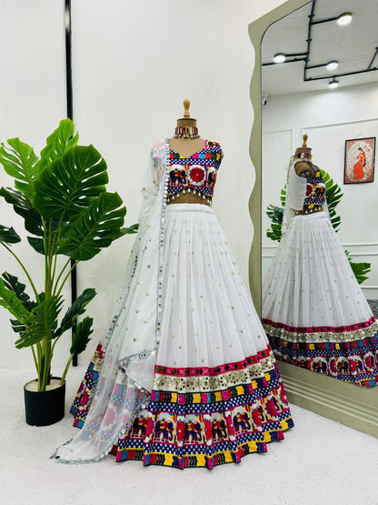 White Faux Georgette Mirror Work Lehenga Choli for Navratri