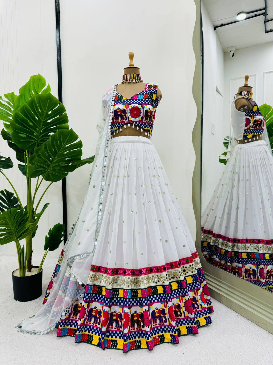 White Faux Georgette Mirror Work Lehenga Choli for Navratri