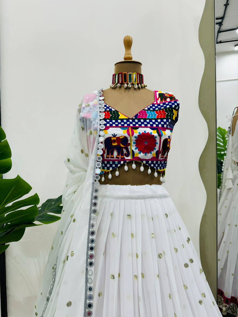 White Faux Georgette Mirror Work Lehenga Choli for Navratri