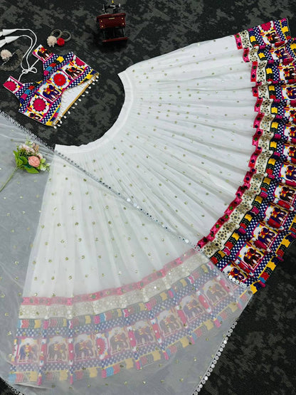 White Faux Georgette Mirror Work Lehenga Choli for Navratri