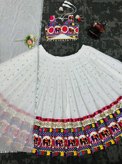 White Faux Georgette Mirror Work Lehenga Choli for Navratri