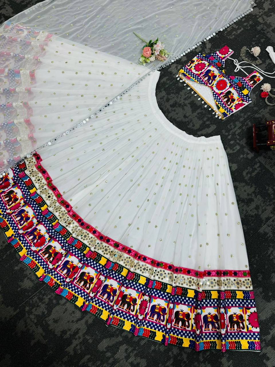 White Faux Georgette Mirror Work Lehenga Choli for Navratri