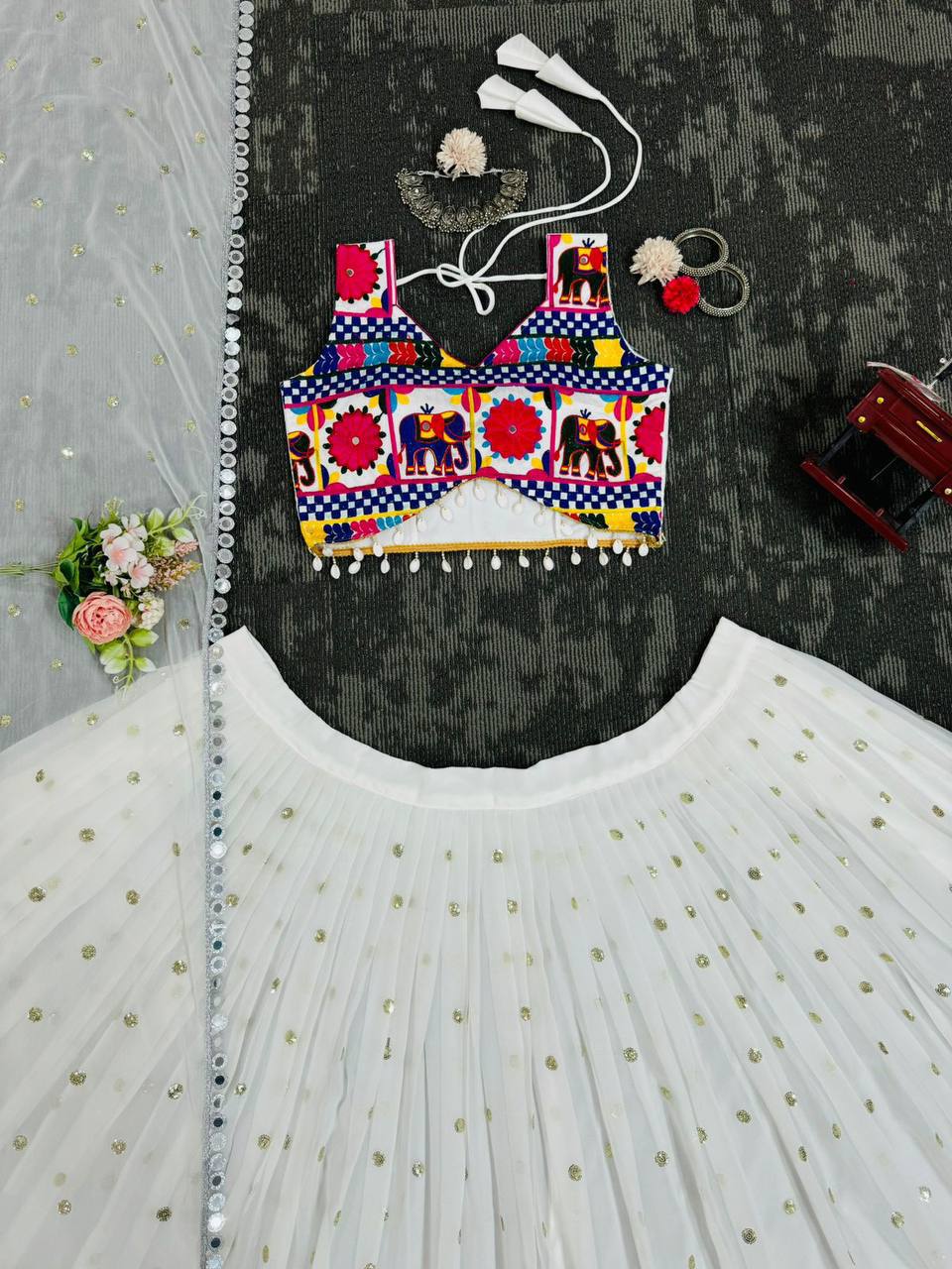 White Faux Georgette Mirror Work Lehenga Choli for Navratri
