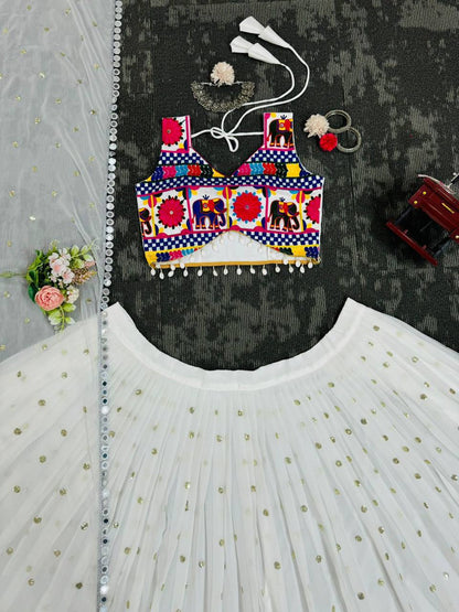 White Faux Georgette Mirror Work Lehenga Choli for Navratri
