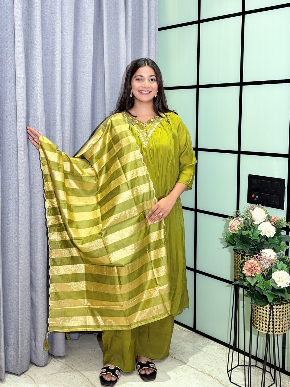 Designer Party Wear Salwar Kameez Suit with Woven Striped Dupatta