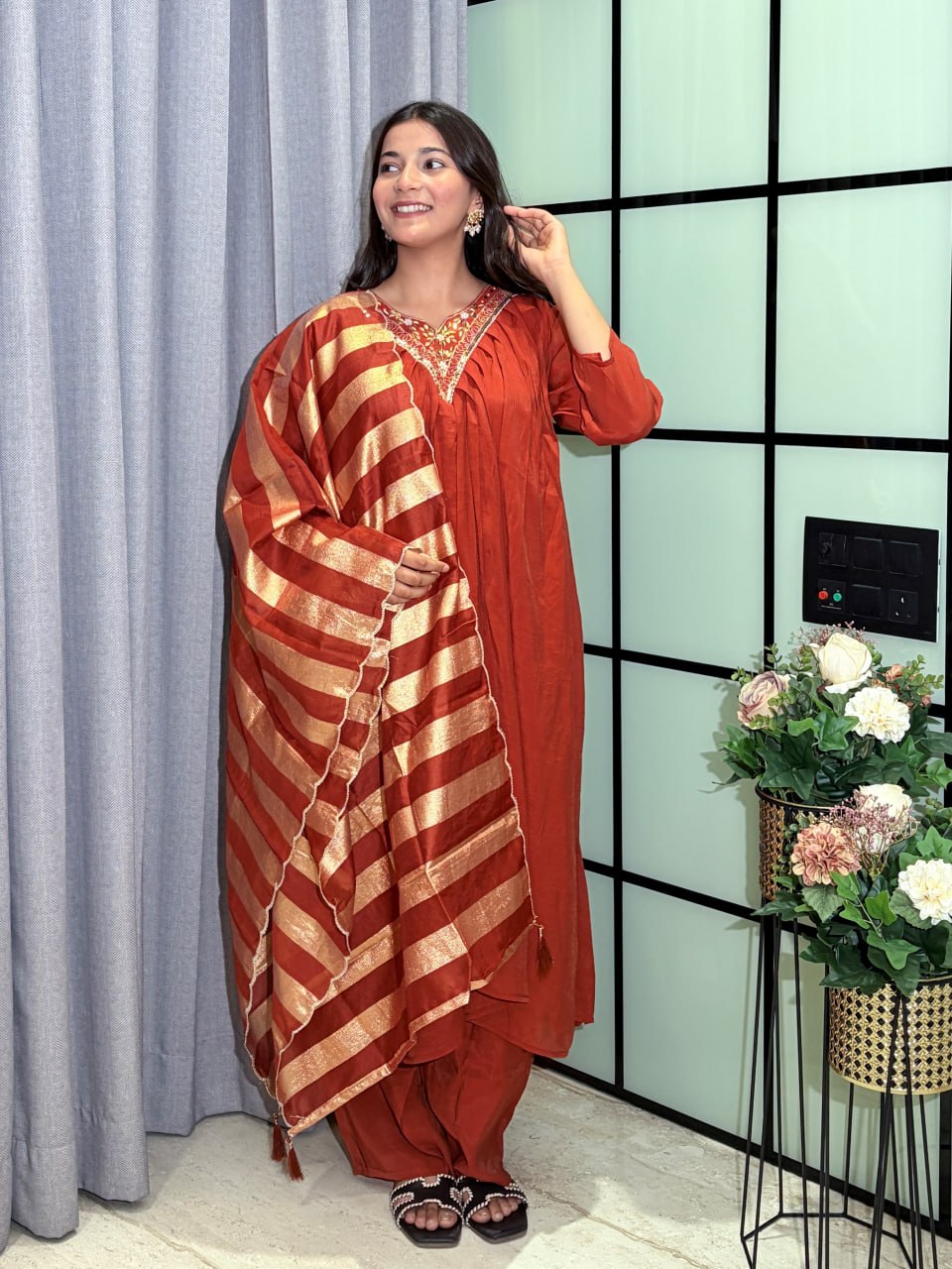 Designer Party Wear Salwar Kameez Suit with Woven Striped Dupatta