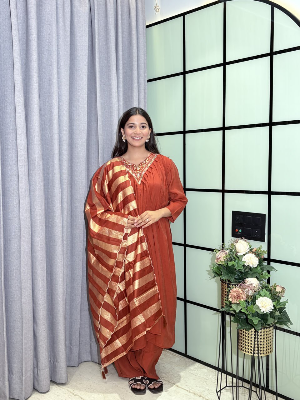 Designer Party Wear Salwar Kameez Suit with Woven Striped Dupatta