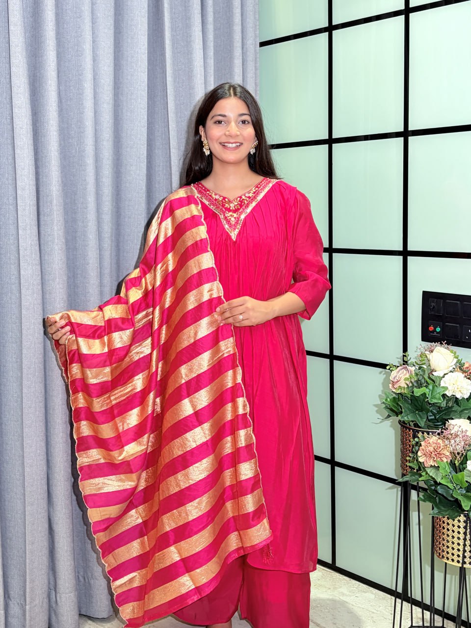 Designer Party Wear Salwar Kameez Suit with Woven Striped Dupatta