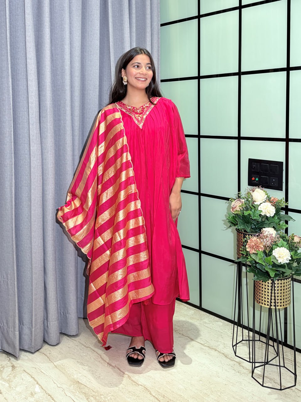 Designer Party Wear Salwar Kameez Suit with Woven Striped Dupatta
