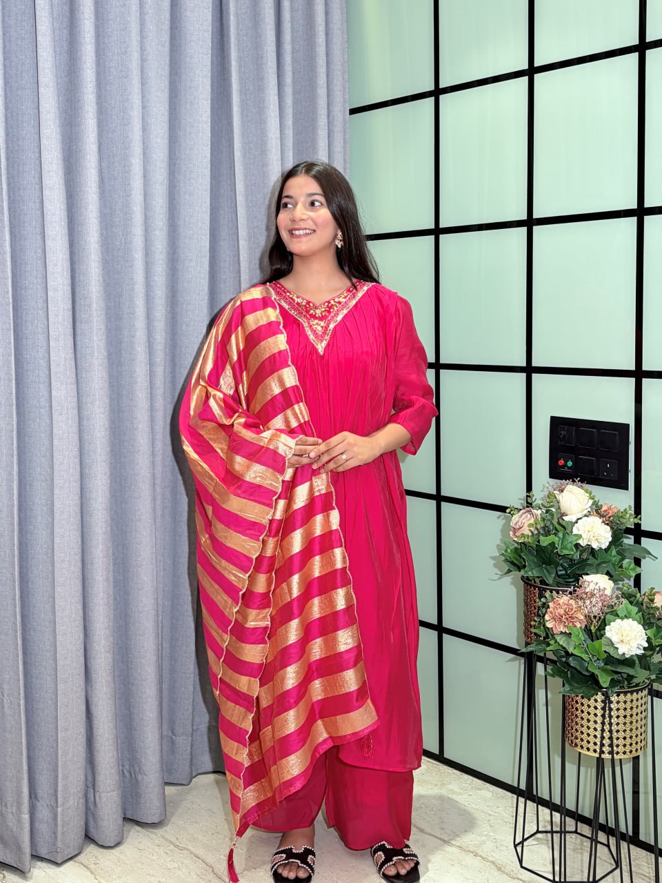 Designer Party Wear Salwar Kameez Suit with Woven Striped Dupatta