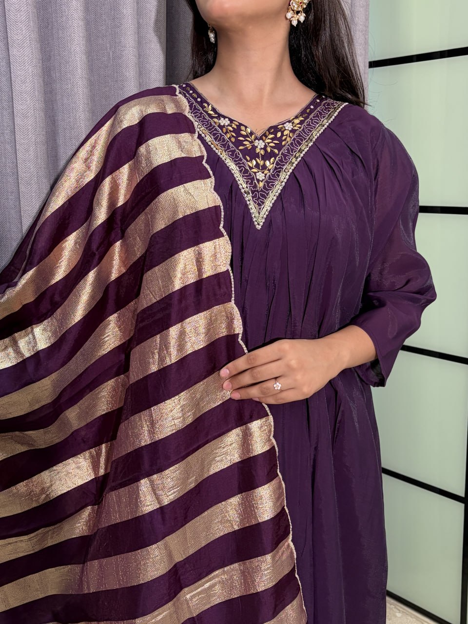 Designer Party Wear Salwar Kameez Suit with Woven Striped Dupatta