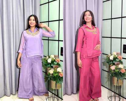 Embroidered Crunchy Silk Short Kurti with Palazzo Set