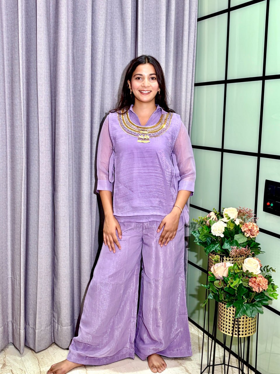 Embroidered Crunchy Silk Short Kurti with Palazzo Set