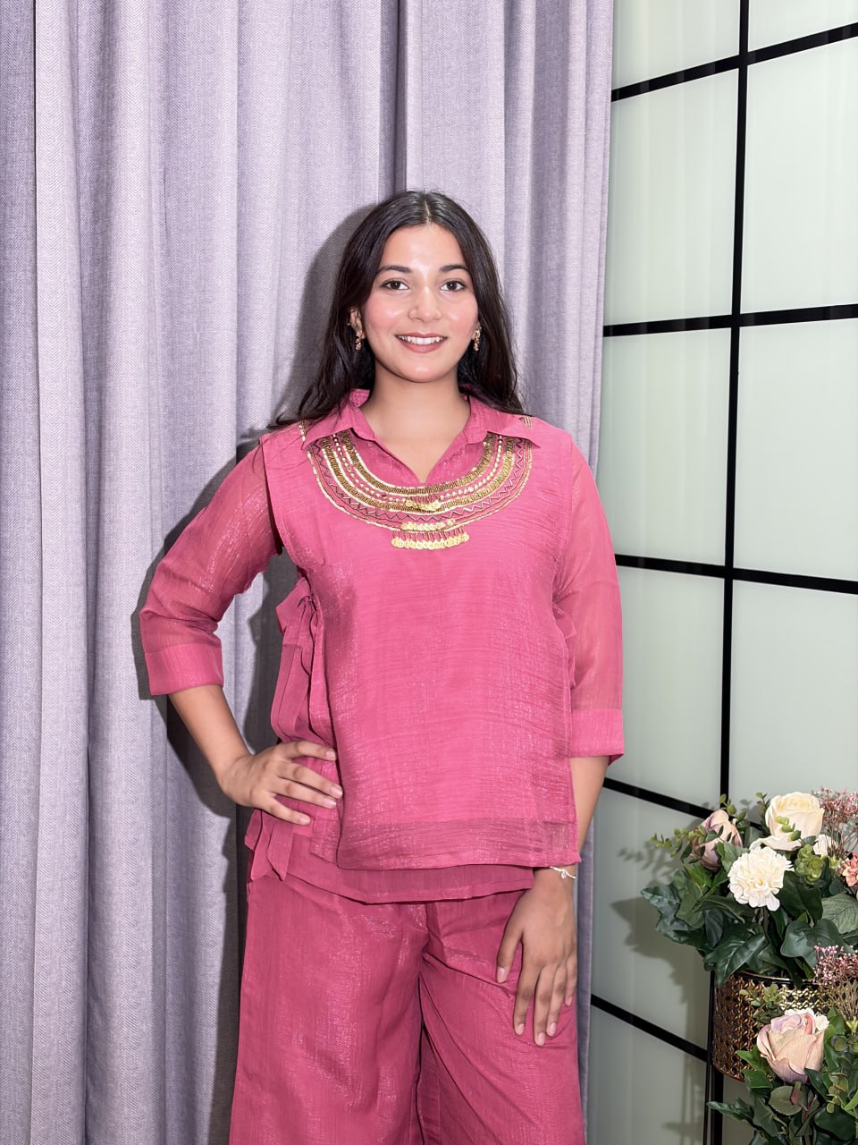 Embroidered Crunchy Silk Short Kurti with Palazzo Set