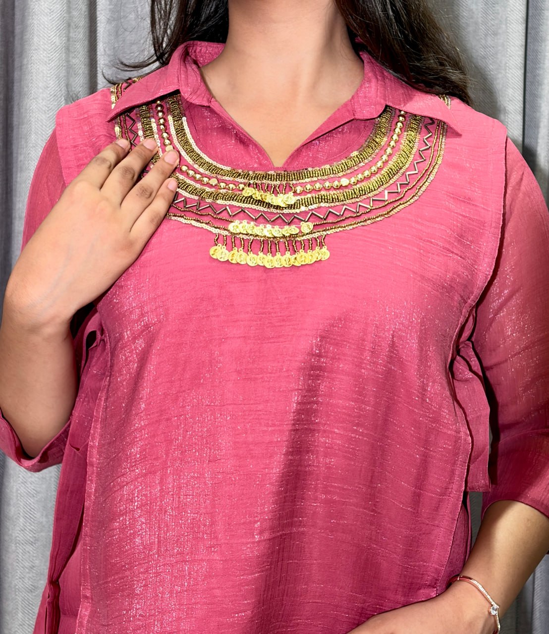 Embroidered Crunchy Silk Short Kurti with Palazzo Set