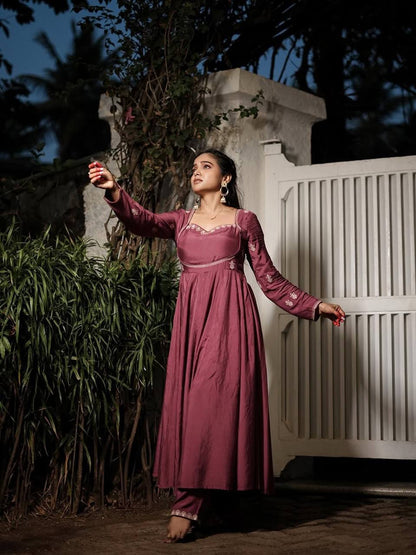Elegant Wine Silk Anarkali Suit Set with Intricate Threadwork