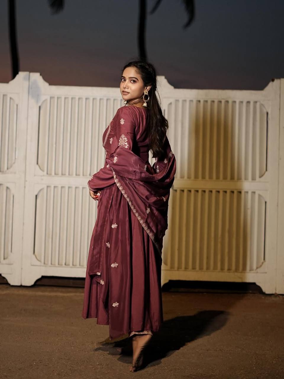 Elegant Wine Silk Anarkali Suit Set with Intricate Threadwork