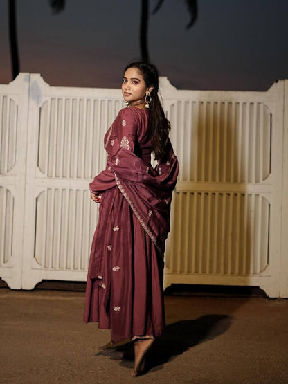 Elegant Wine Silk Anarkali Suit Set with Intricate Threadwork