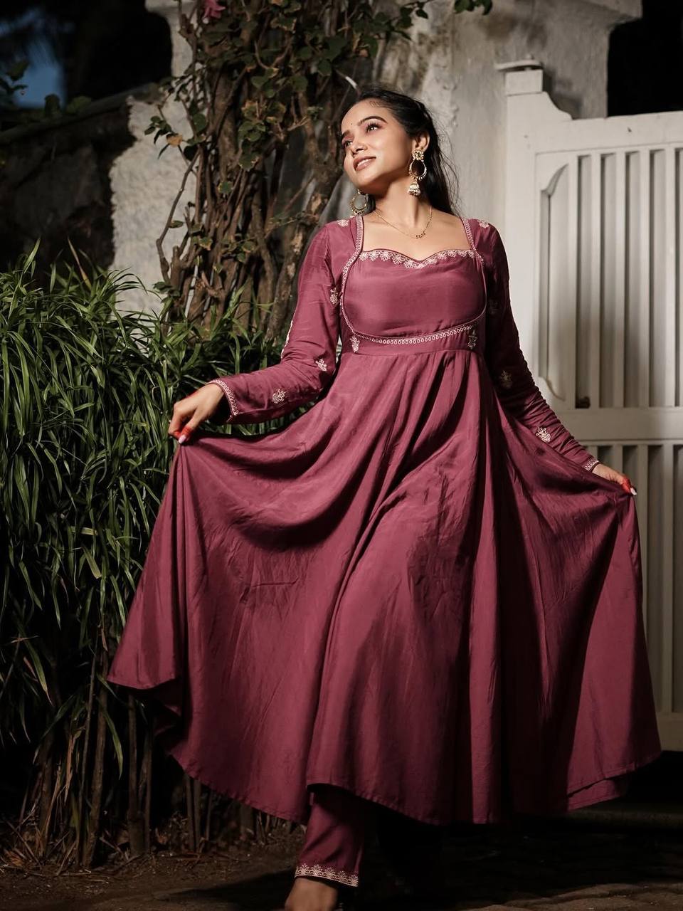 Elegant Wine Silk Anarkali Suit Set with Intricate Threadwork
