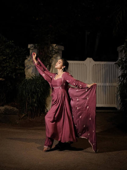 Elegant Wine Silk Anarkali Suit Set with Intricate Threadwork