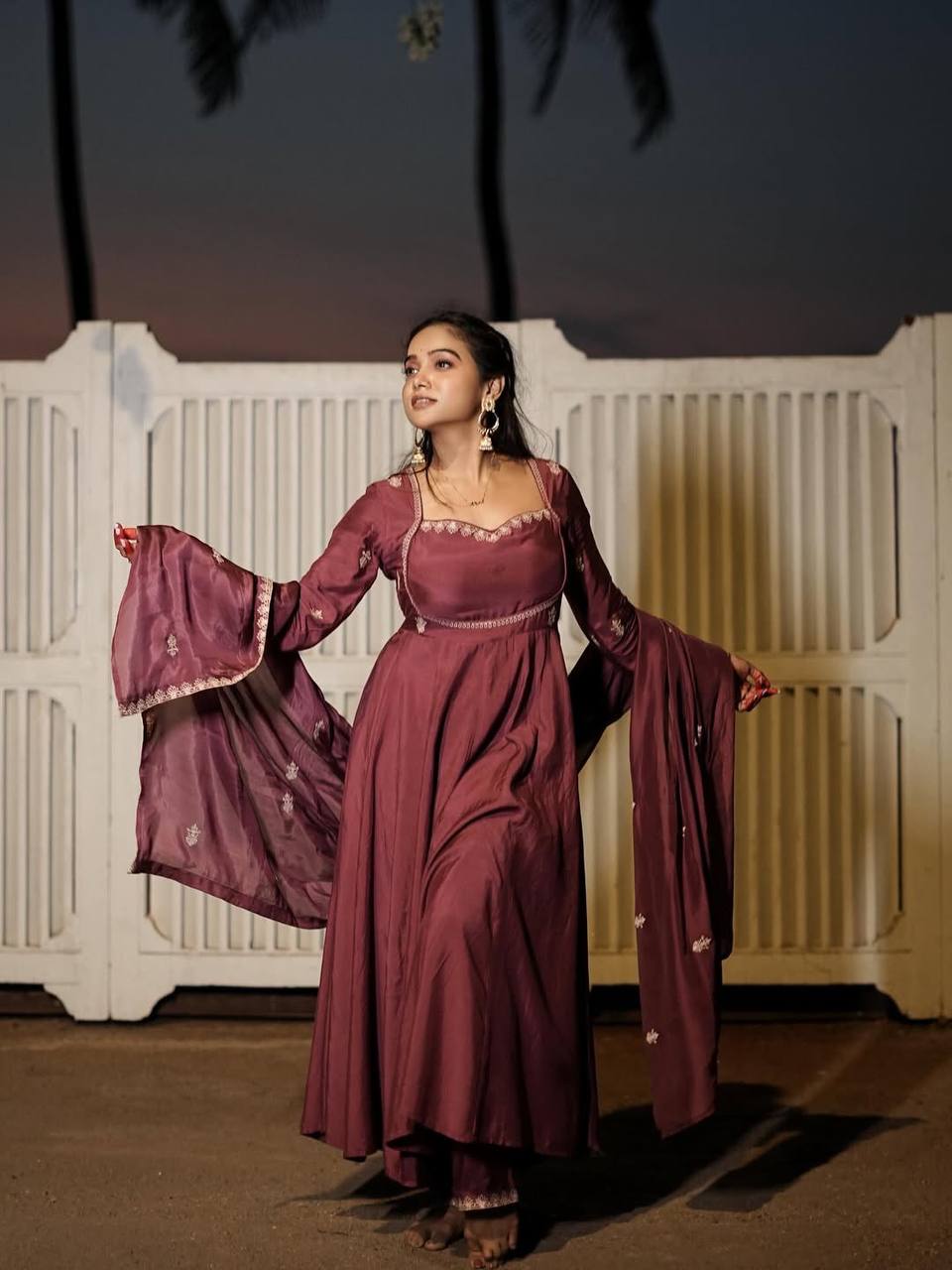 Elegant Wine Silk Anarkali Suit Set with Intricate Threadwork