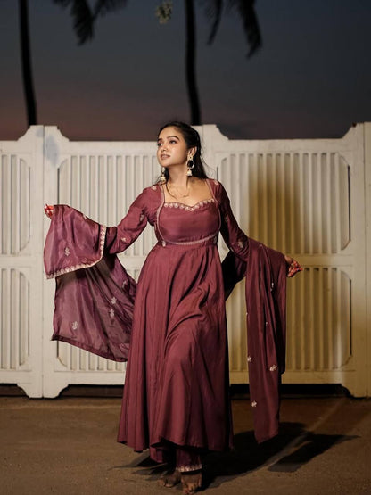 Elegant Wine Silk Anarkali Suit Set with Intricate Threadwork