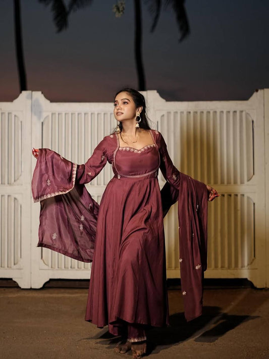 Elegant Wine Silk Anarkali Suit Set with Intricate Threadwork