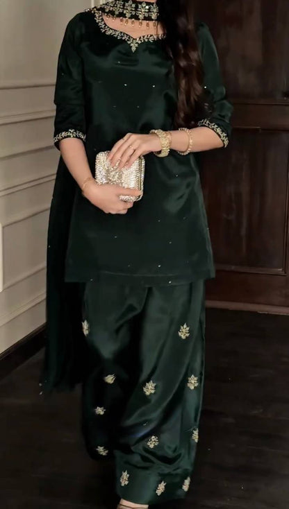 Dark Forest Green Natural Crepe Farshi Palazzo Set with Pearl Work