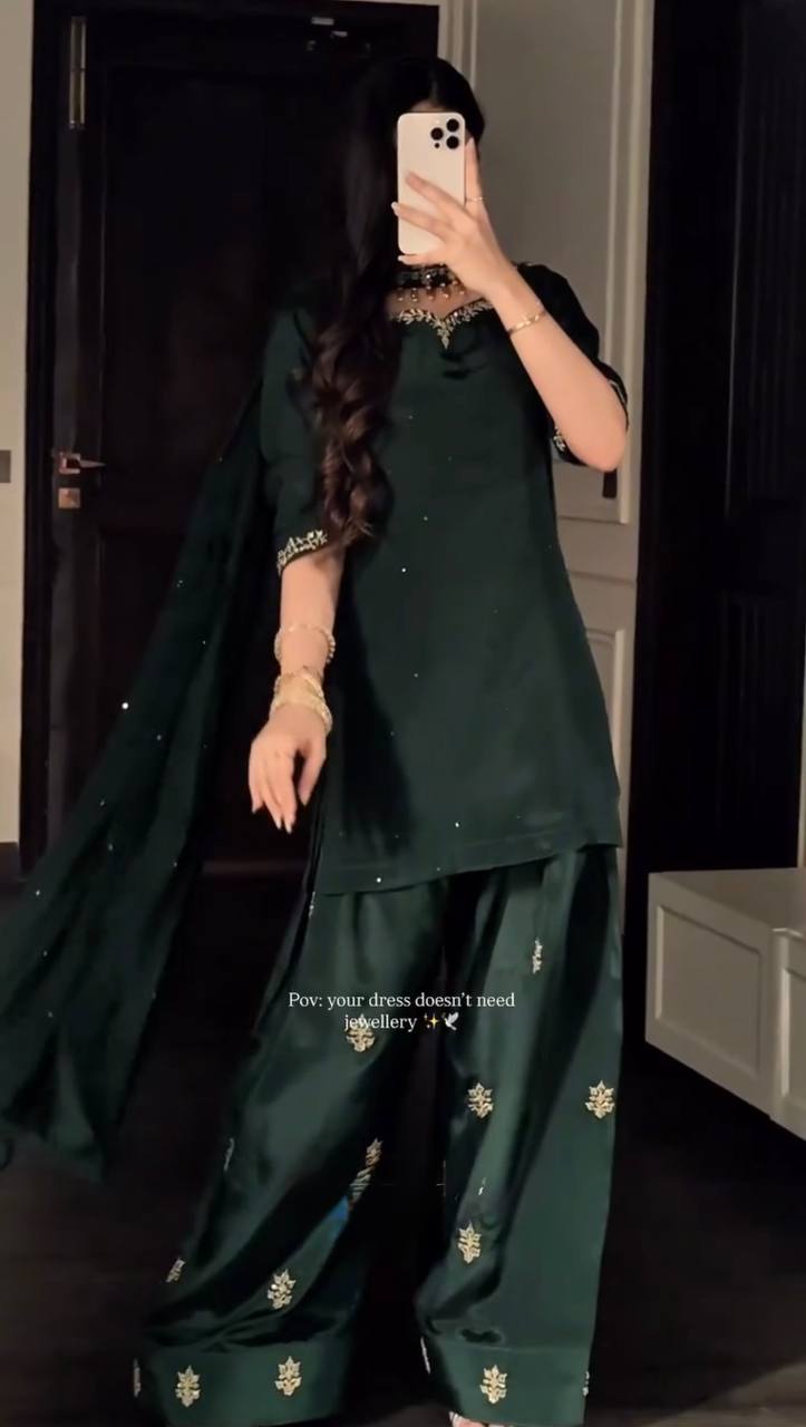 Dark Forest Green Natural Crepe Farshi Palazzo Set with Pearl Work