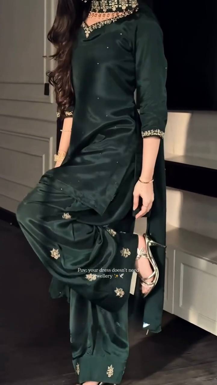 Dark Forest Green Natural Crepe Farshi Palazzo Set with Pearl Work