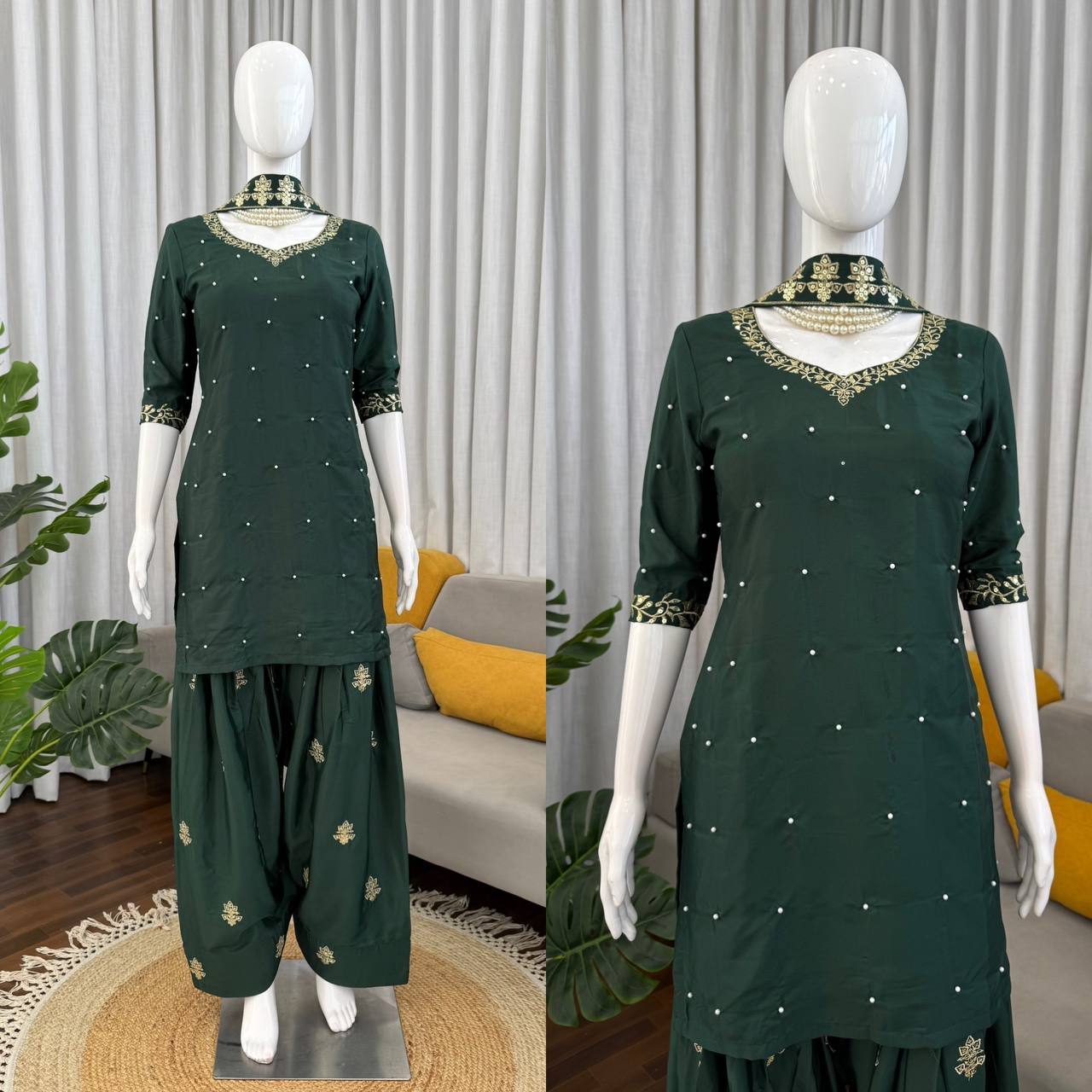 Dark Forest Green Natural Crepe Farshi Palazzo Set with Pearl Work