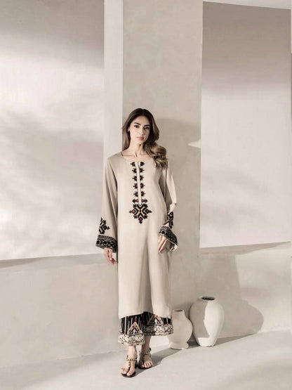 Off White Rayon Satin Pakistani Suit Dress with Thread Work