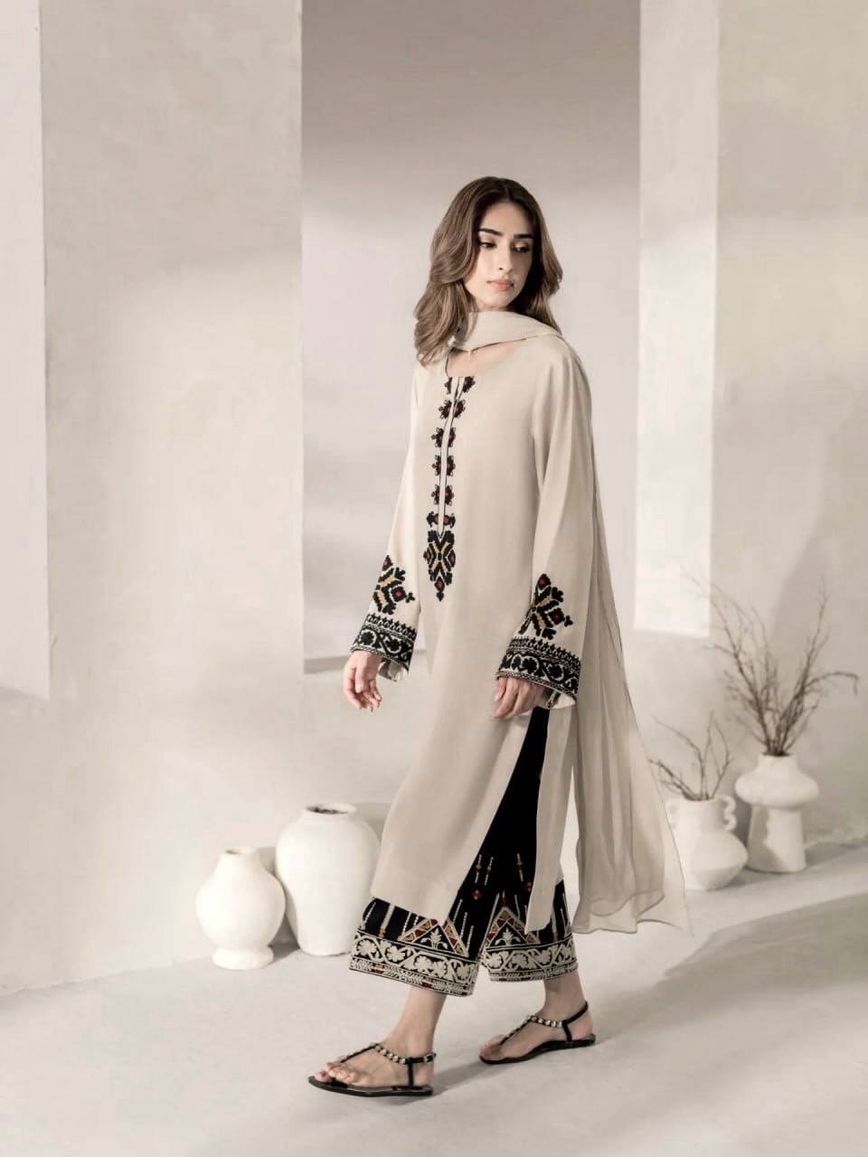 Off White Rayon Satin Pakistani Suit Dress with Thread Work