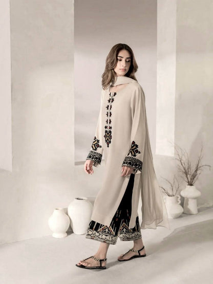 Off White Rayon Satin Pakistani Suit Dress with Thread Work
