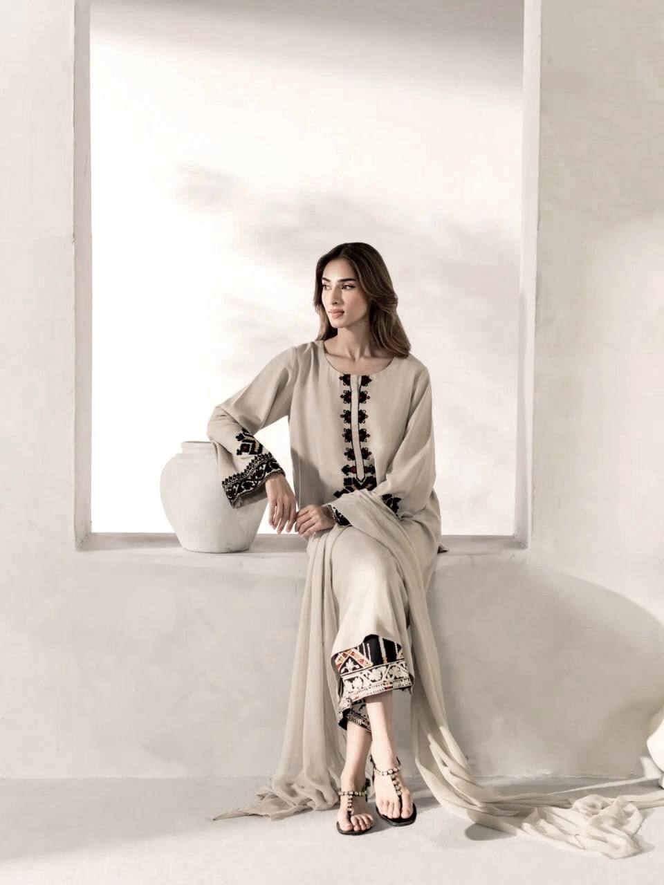 Off White Rayon Satin Pakistani Suit Dress with Thread Work