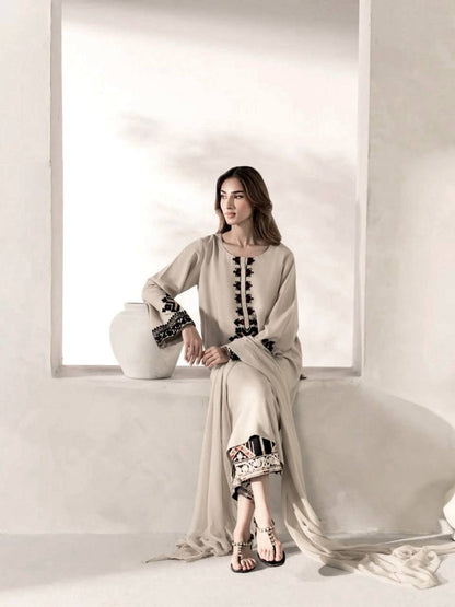 Off White Rayon Satin Pakistani Suit Dress with Thread Work