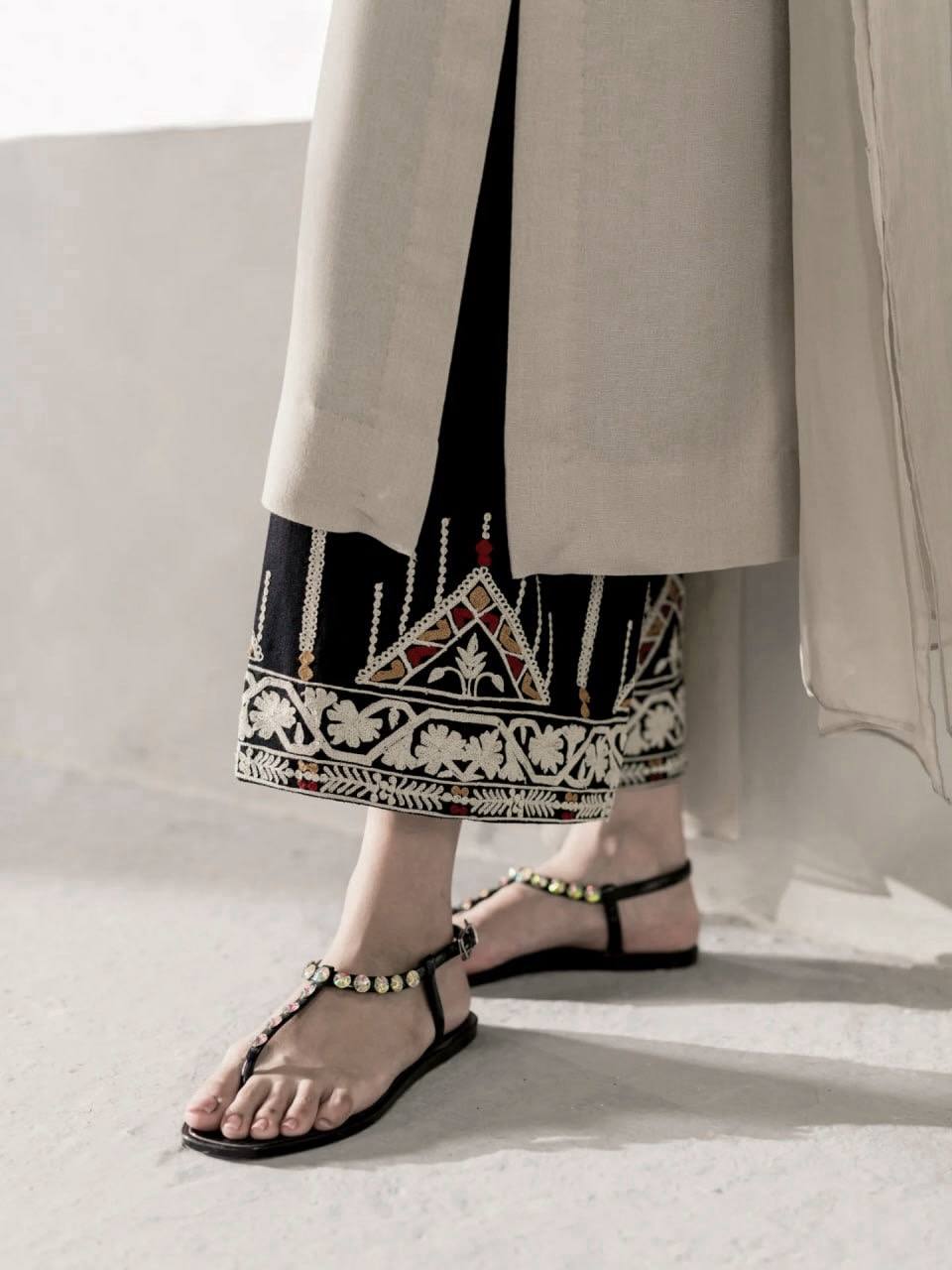 Off White Rayon Satin Pakistani Suit Dress with Thread Work