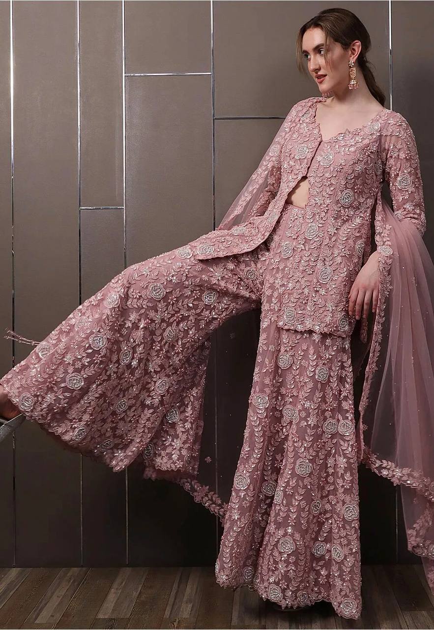 Vintage Rose Embroidered Kurti and Palazzo Set with Dupatta