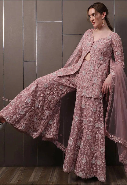 Vintage Rose Embroidered Kurti and Palazzo Set with Dupatta