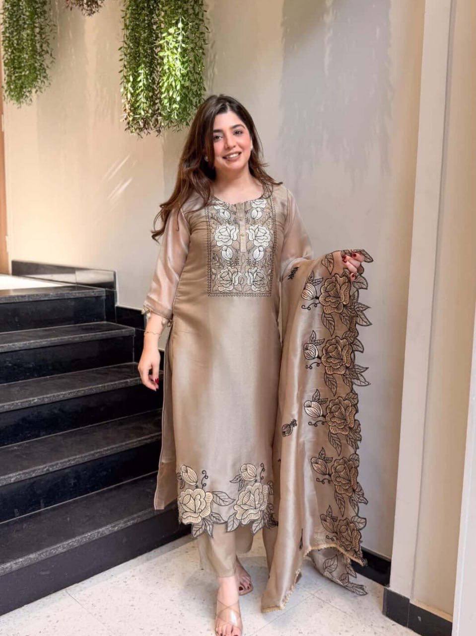 Champagne Mul Chanderi Pakistani Suit Dress with Floral Embroidery