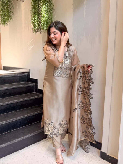 Champagne Mul Chanderi Pakistani Suit Dress with Floral Embroidery