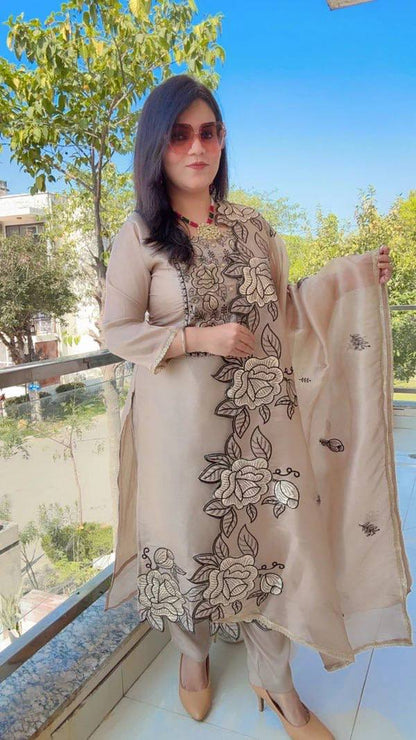 Champagne Mul Chanderi Pakistani Suit Dress with Floral Embroidery