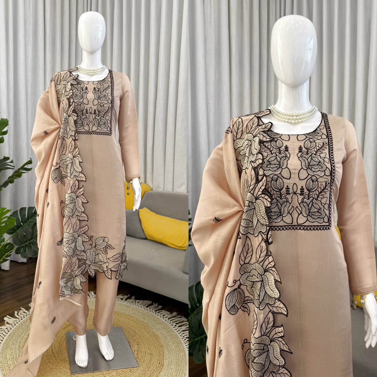Champagne Mul Chanderi Pakistani Suit Dress with Floral Embroidery