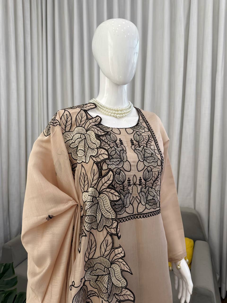 Champagne Mul Chanderi Pakistani Suit Dress with Floral Embroidery