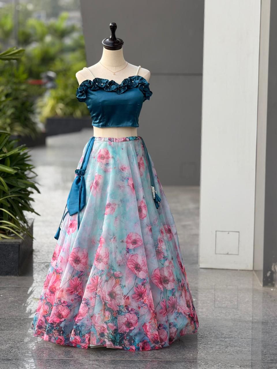 Teal Satin and Floral Organza Lehenga Choli for Women