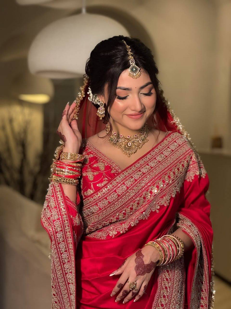 Designer Party Wear Saree in Ruby Red Japan Satin with Dupatta