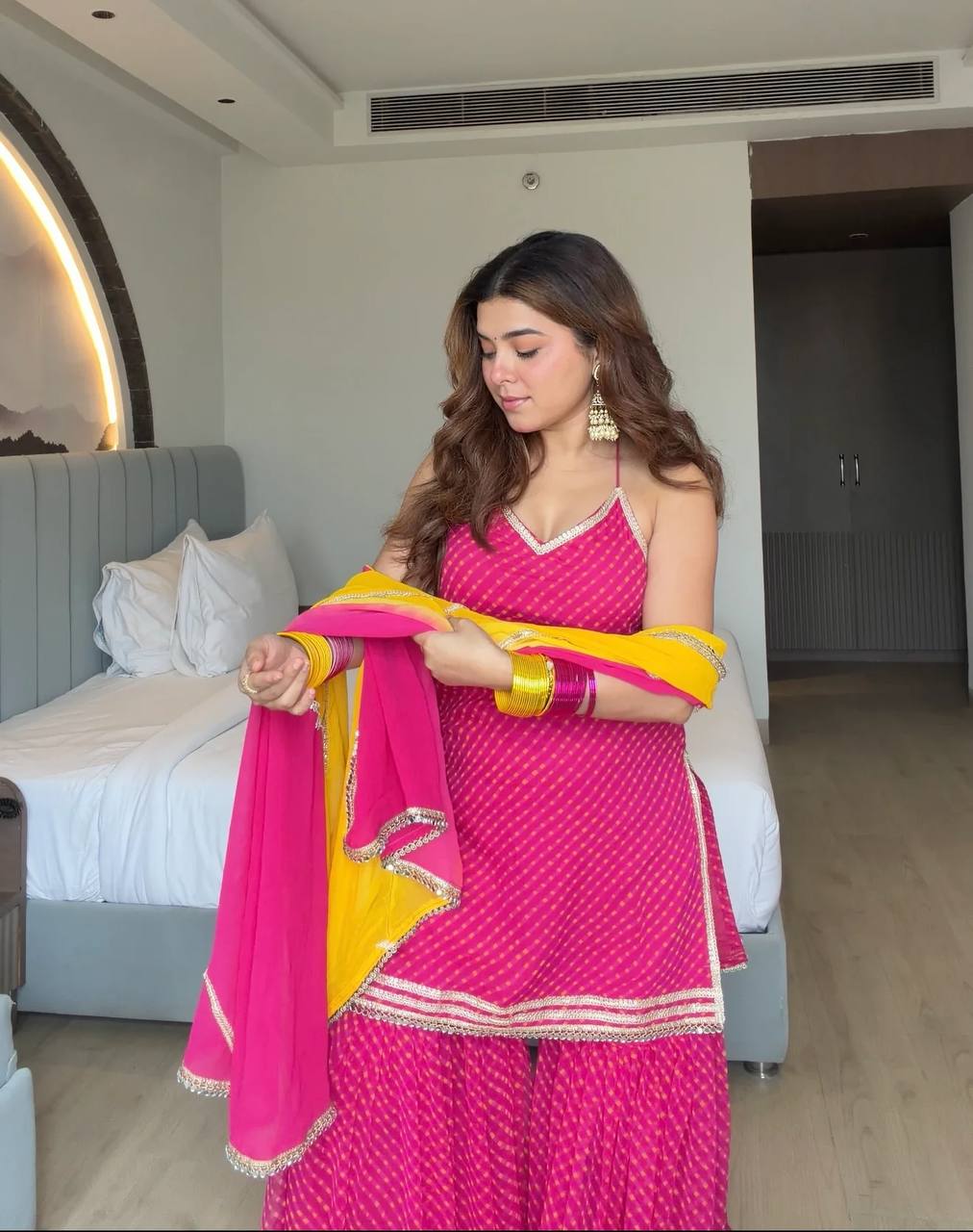 Pink Mirror Work Kurti Plazo Set with Dupatta