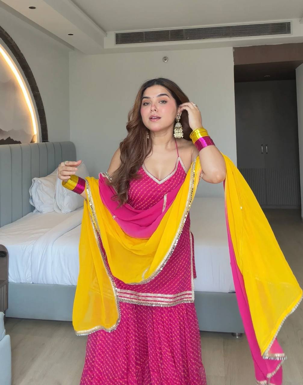 Pink Mirror Work Kurti Plazo Set with Dupatta